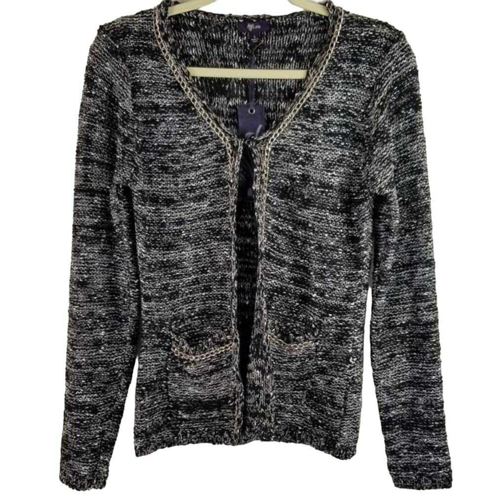 Lily Heathered Gray Knit Front Polckets Gold Chain Detail Cardigan Jacket L NWT